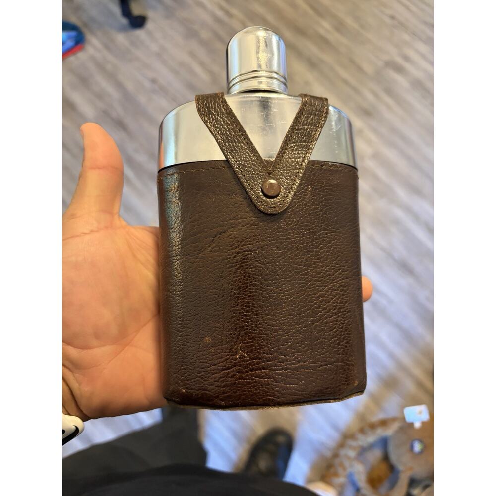 VTG Stainless Steel Hip Flask Brown Leather Wrap American Burnish Calf 1960-1970